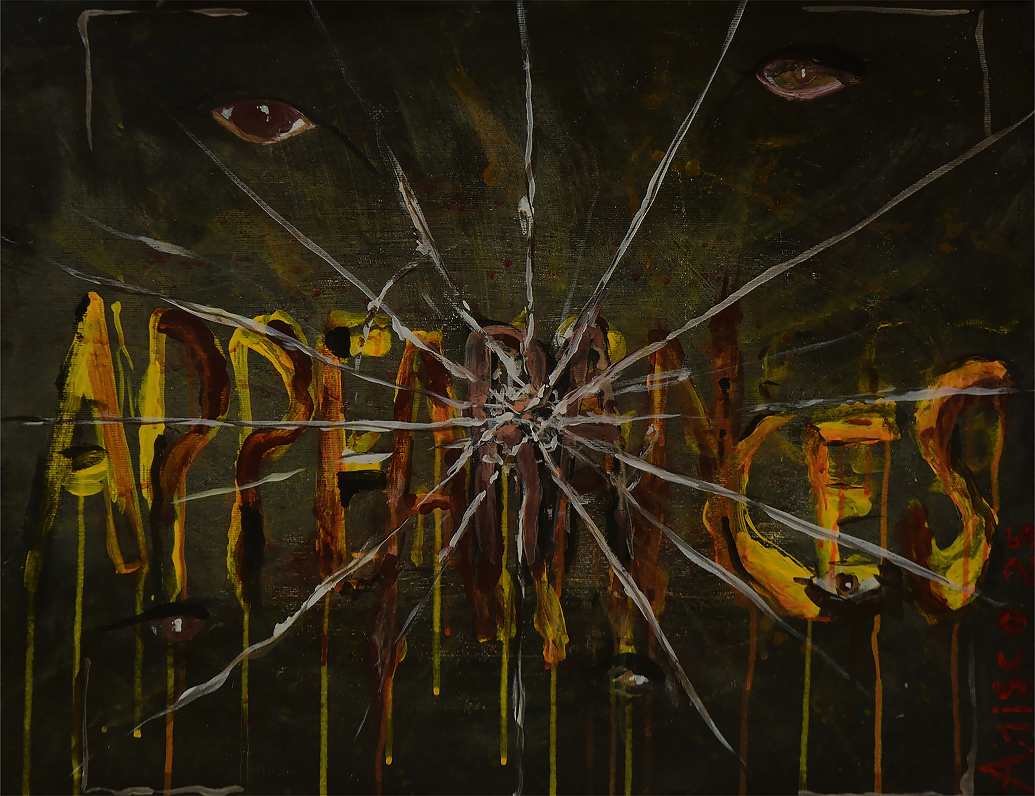 Appearances, acrylic painting on paper by ARISCO, with distorted lettering and fractured surface.